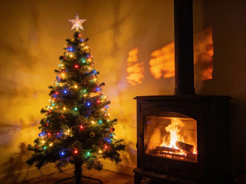 圣诞树旁壁炉温暖过节图片