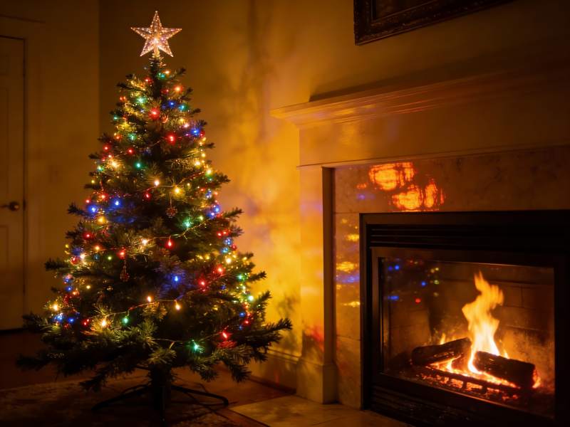 圣诞树旁壁炉温暖过节图片