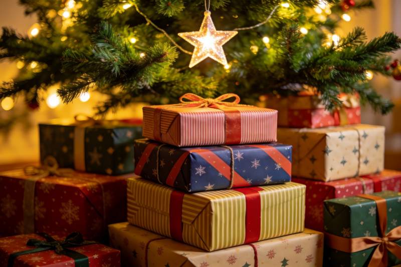 圣诞树下堆满精美礼盒图片