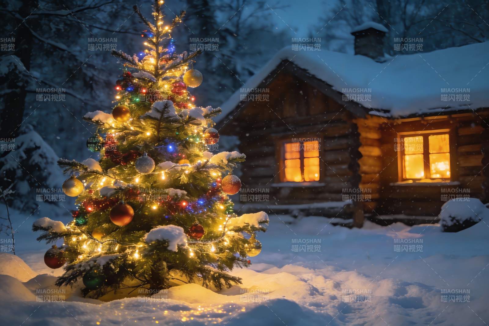 雪夜木屋前的圣诞树图片