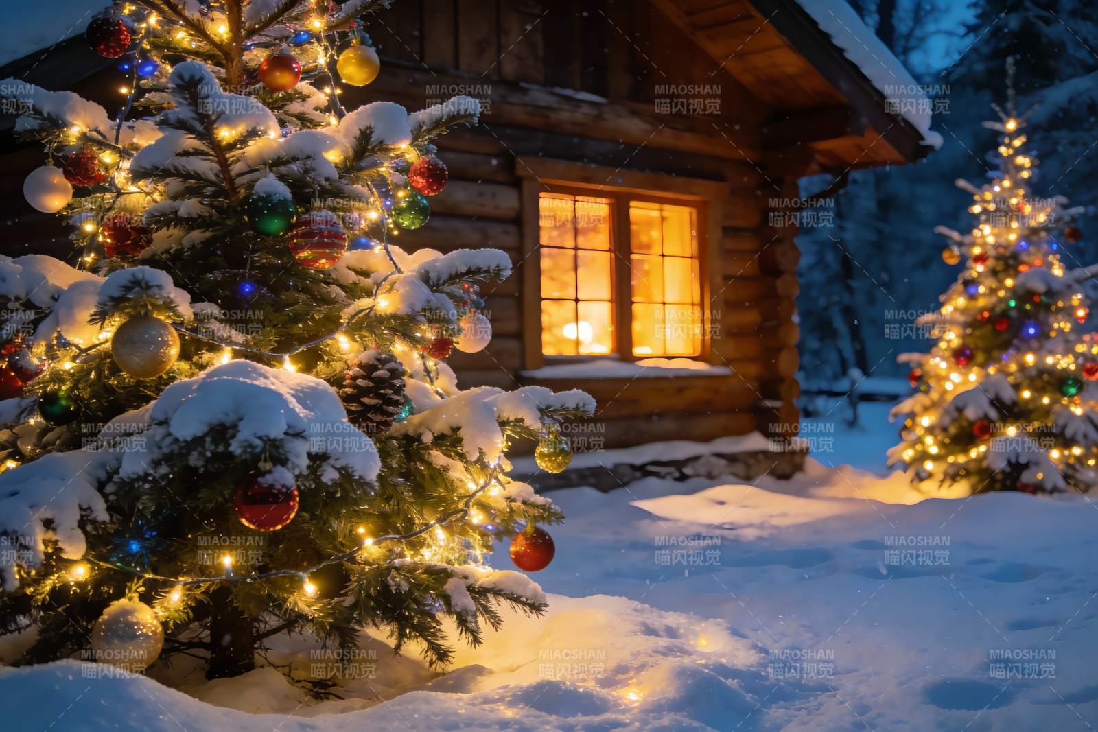雪夜木屋圣诞树光影图片