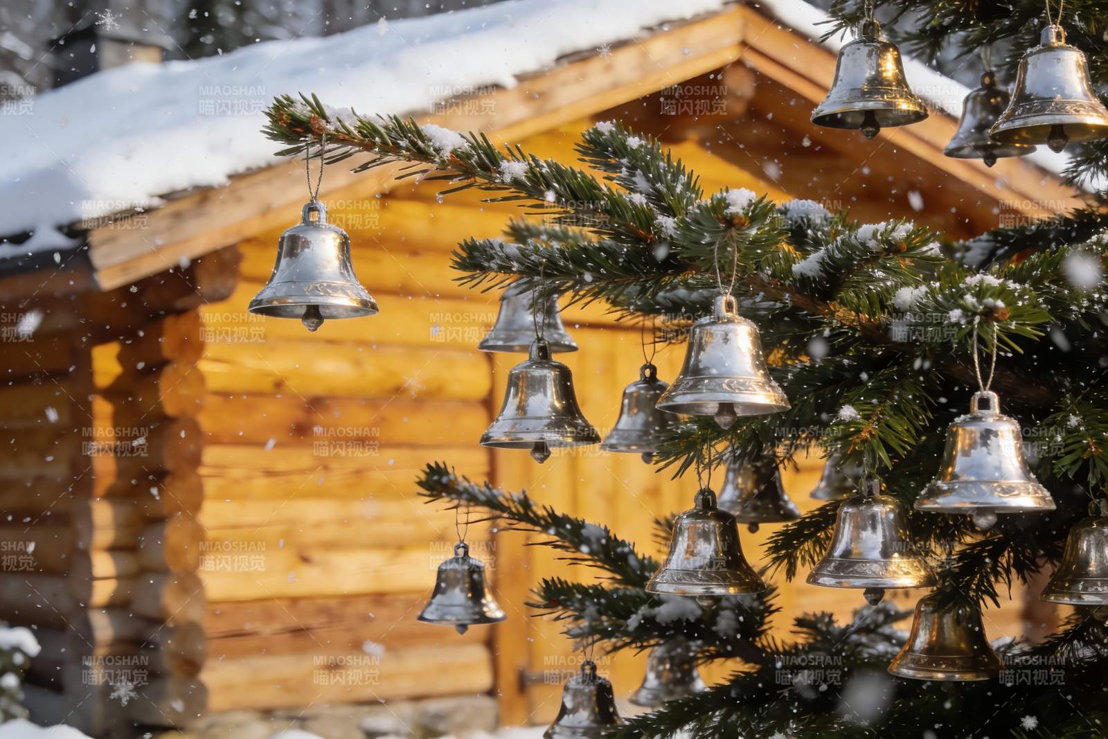 雪中圣诞树铃铛装饰图片