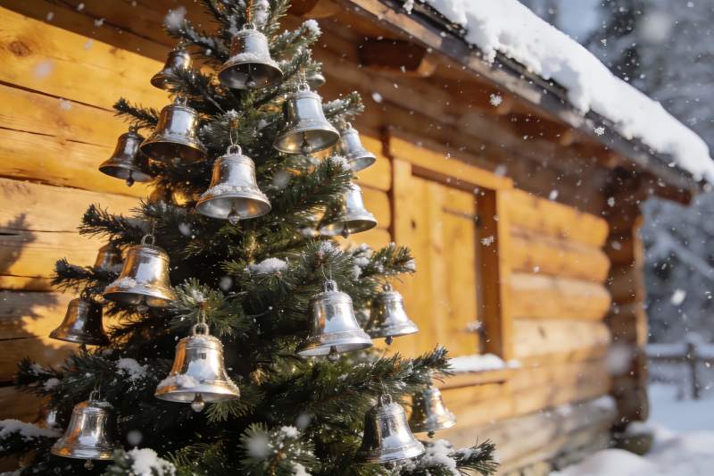 雪中木屋前的铃铛圣诞树图片
