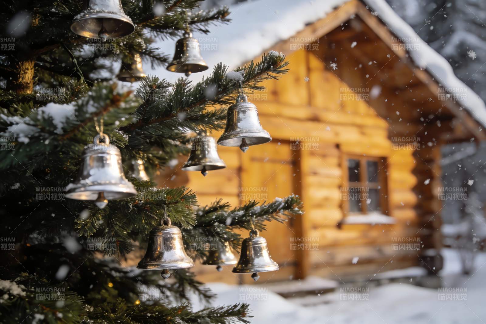 雪中木屋前的铃铛圣诞树图片