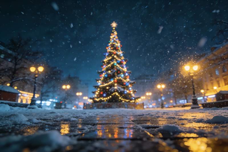 雪夜圣诞树灯火辉煌图片