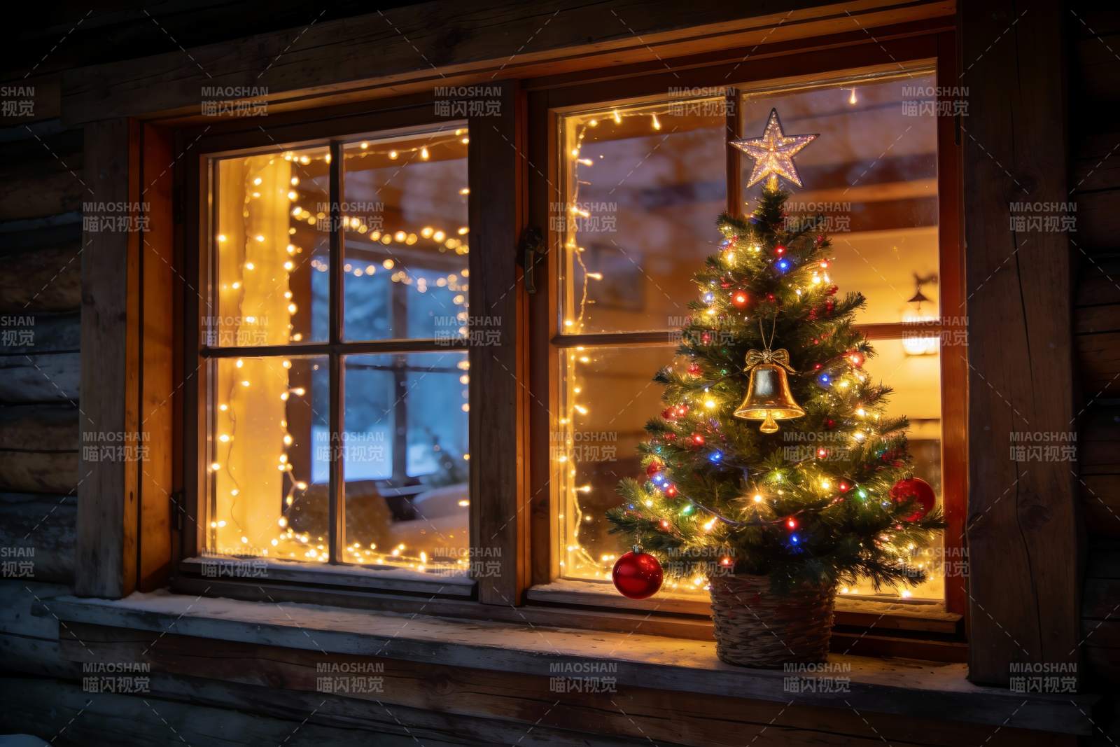 圣诞夜窗前的温馨树图片