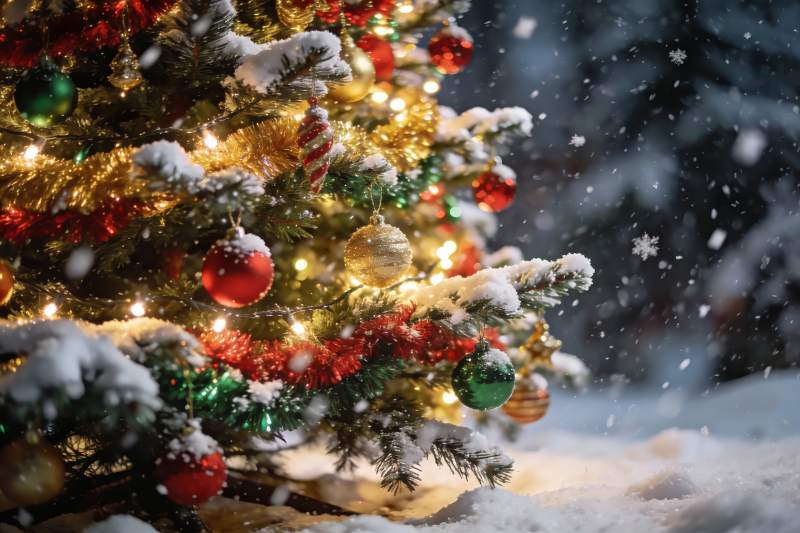 雪夜圣诞树灯光闪烁图片