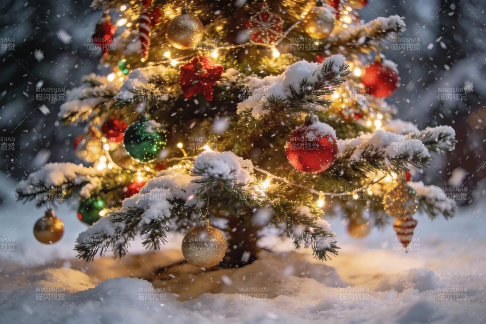 雪中圣诞树灯光闪烁图片