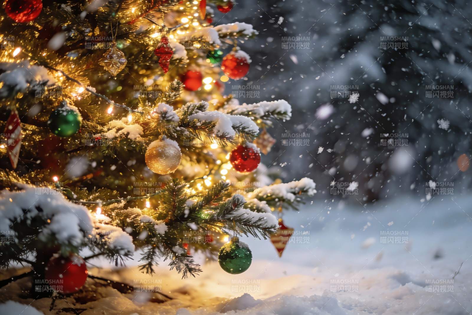 雪夜圣诞树灯光闪烁图片