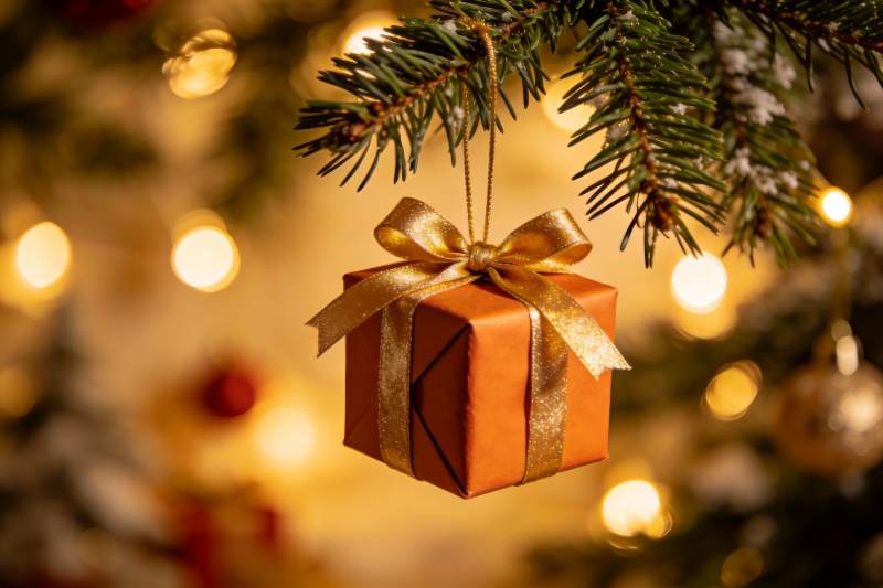 圣诞树上的金色礼盒装饰图片