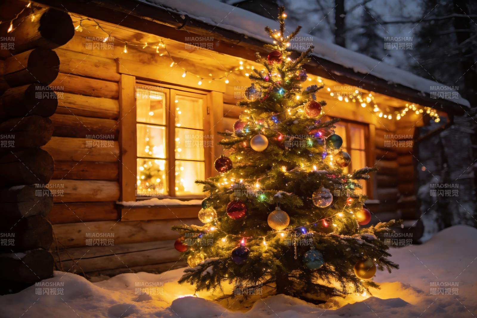 雪夜木屋前的圣诞树图片