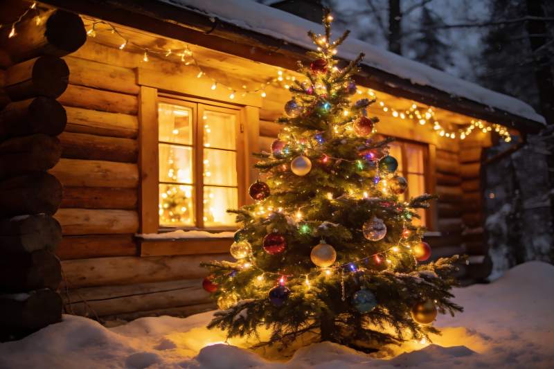 雪夜木屋前的圣诞树图片