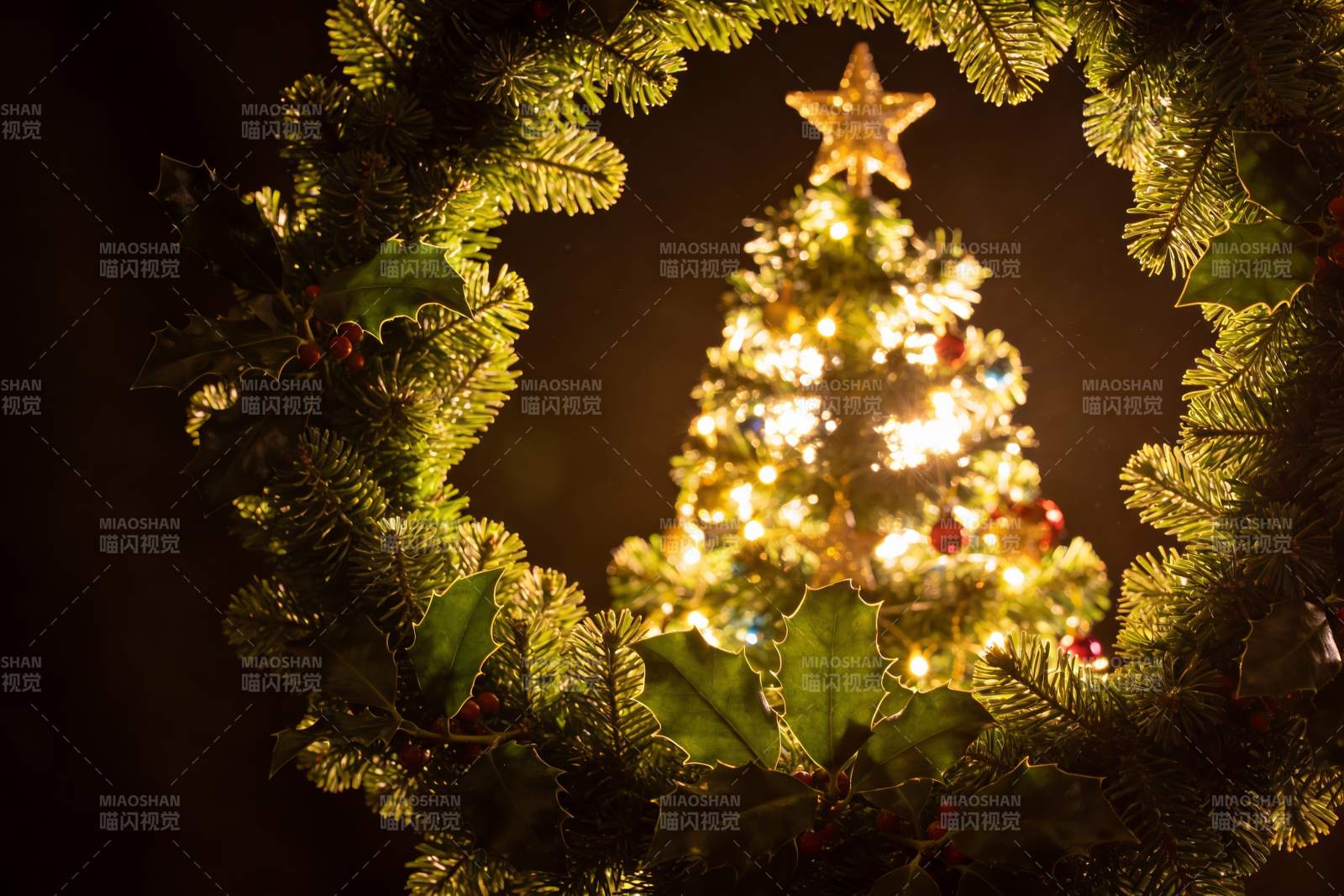 圣诞花环映衬璀璨树图片