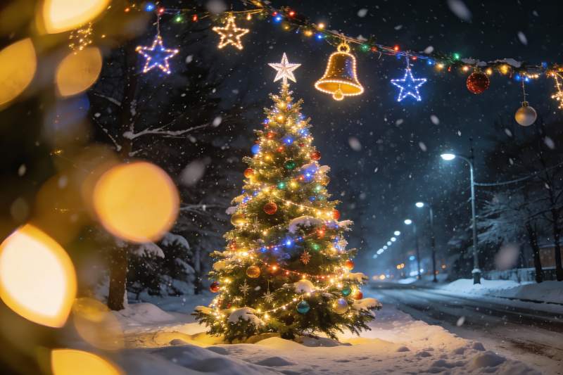 雪夜圣诞树灯光闪烁图片