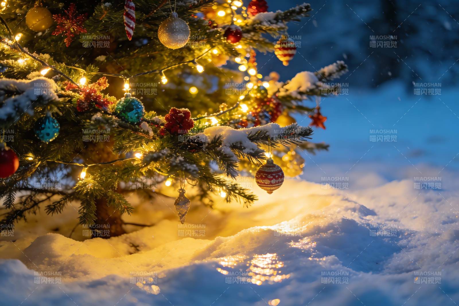 雪夜圣诞树灯光闪烁图片