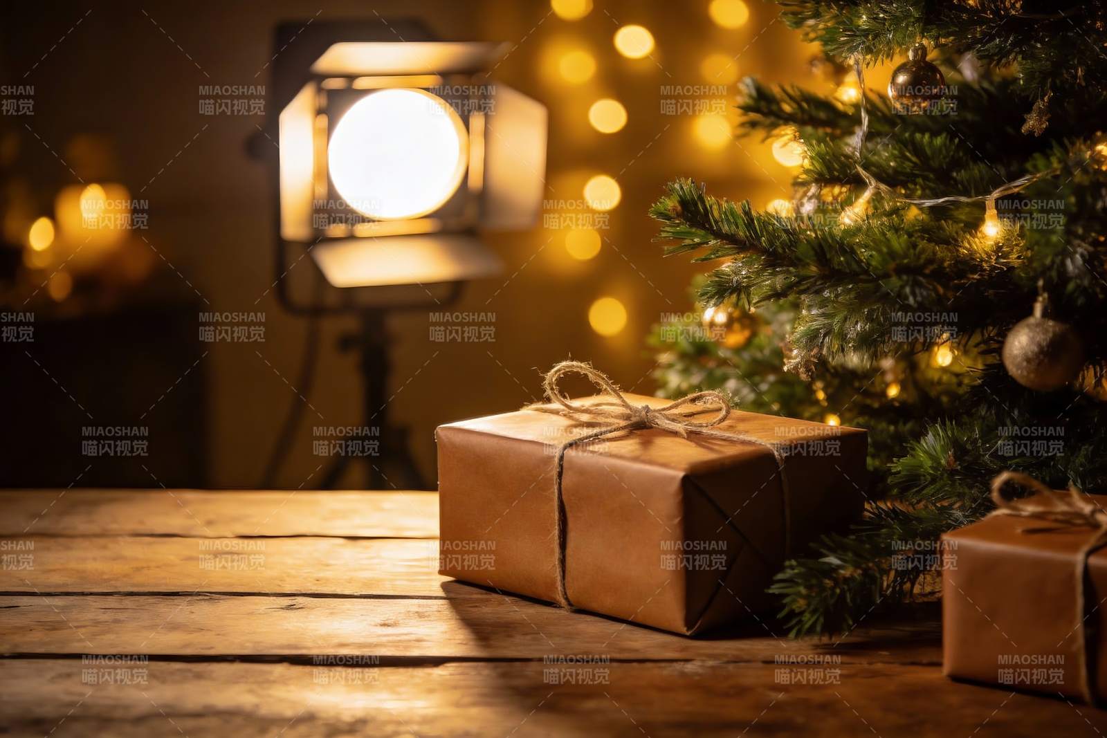圣诞树旁的礼物盒温馨场景图片