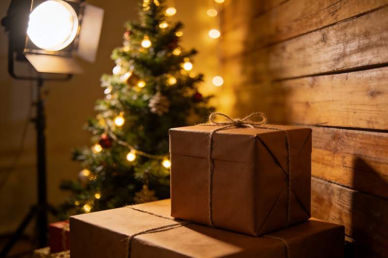 圣诞树旁的礼物盒温馨场景图片