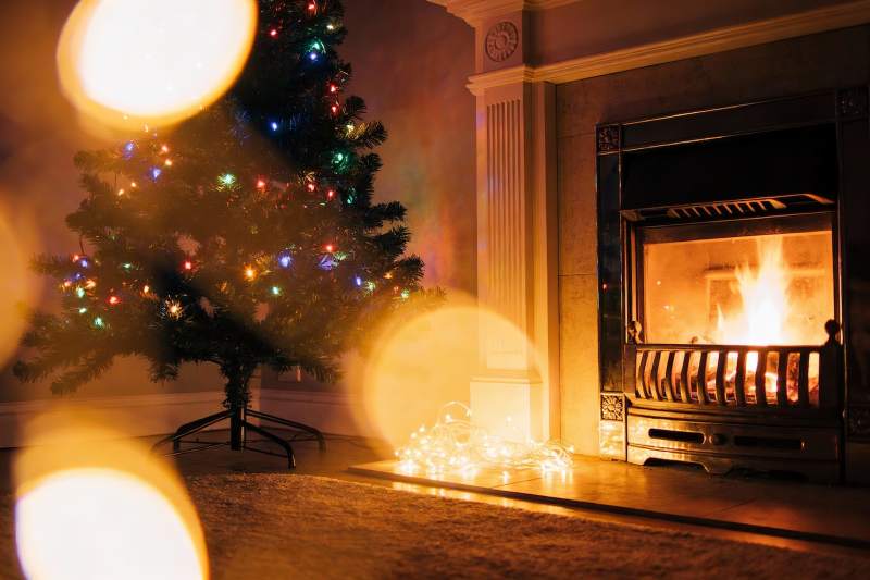 圣诞树旁壁炉温暖过节图片