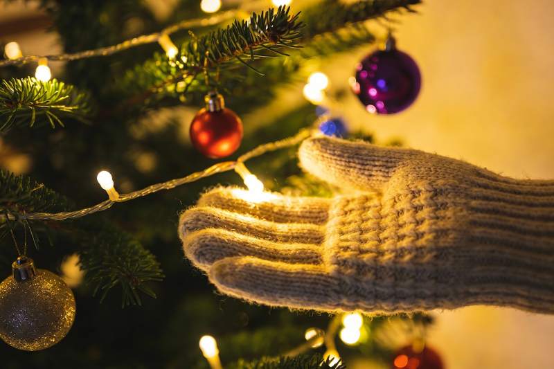 圣诞树前的手套特写图片