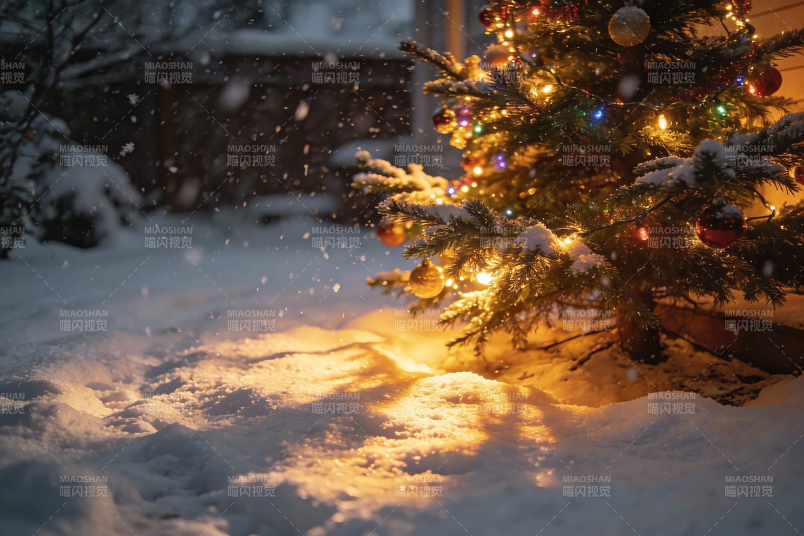 雪夜圣诞树灯光闪烁图片