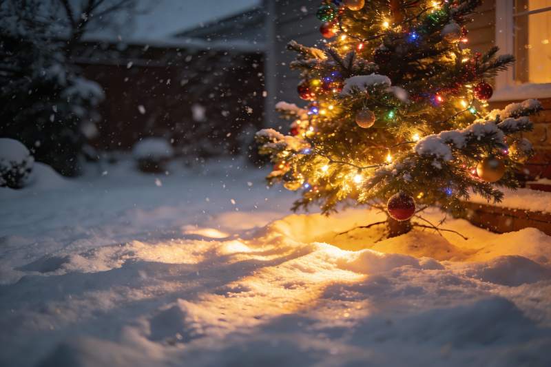 雪夜圣诞树灯光闪烁图片