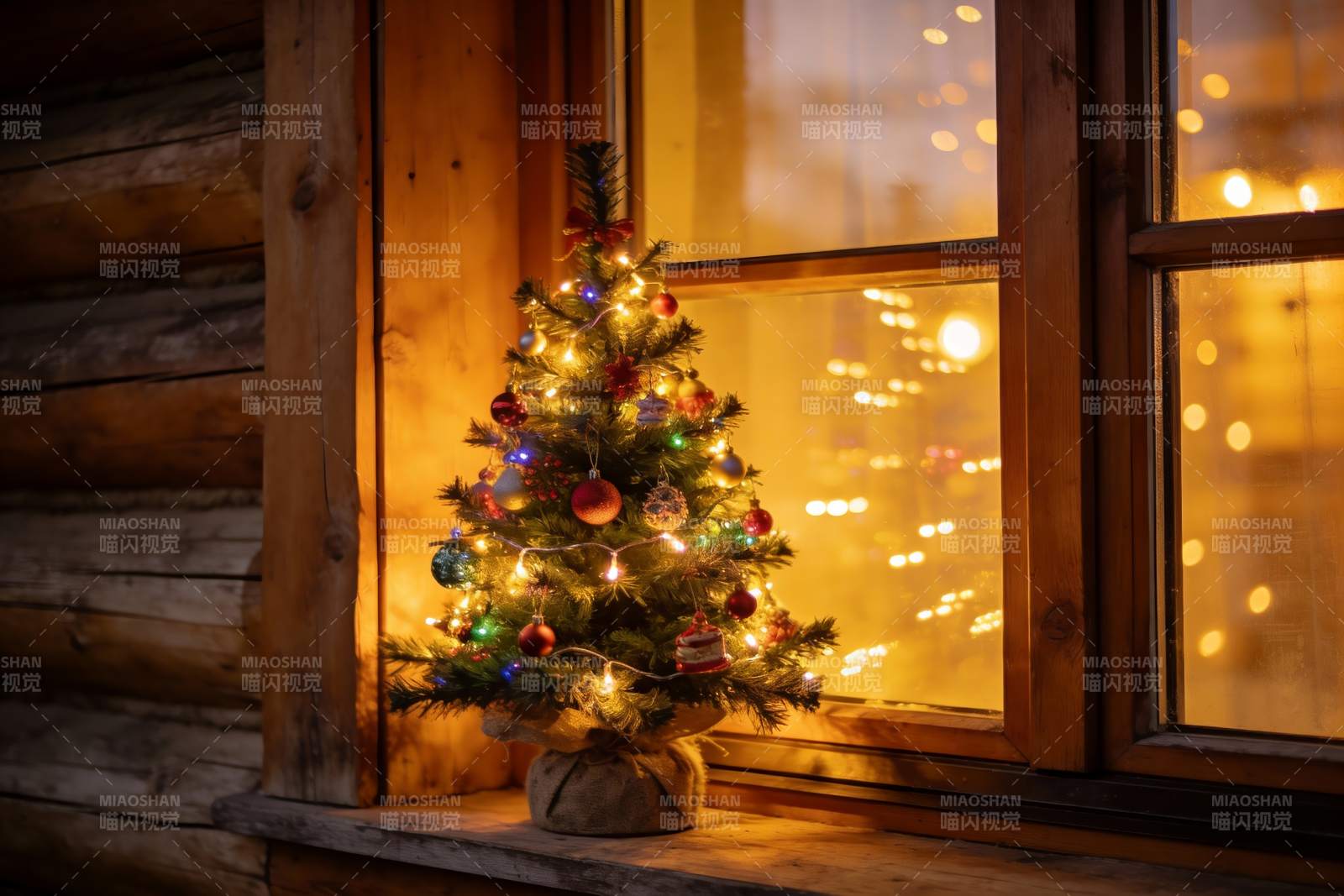 窗边圣诞树温暖节日氛围图片