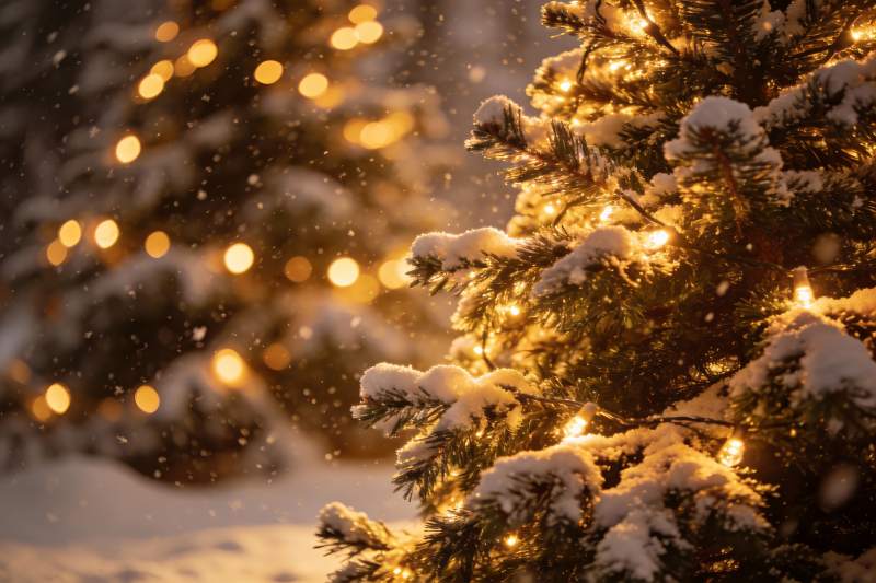 雪夜圣诞树灯光闪烁图片