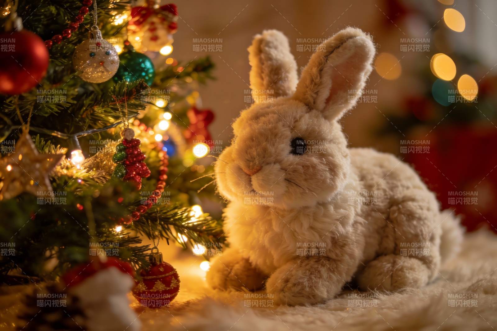 圣诞树旁的毛绒兔子玩具图片