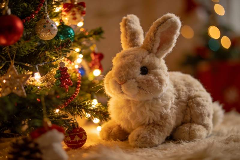 圣诞树旁的毛绒兔子玩具图片