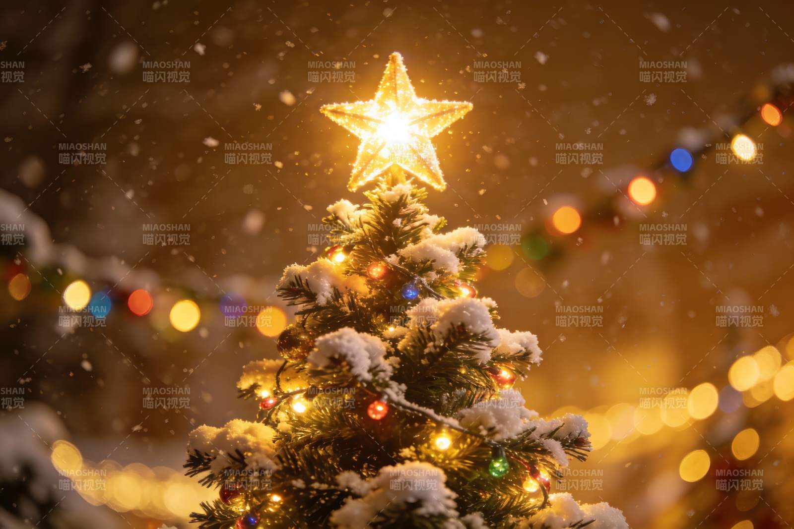 雪夜圣诞树星光闪耀图片