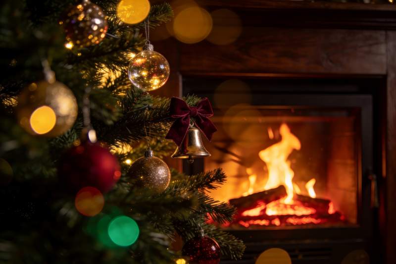 圣诞树旁壁炉火焰温暖场景图片