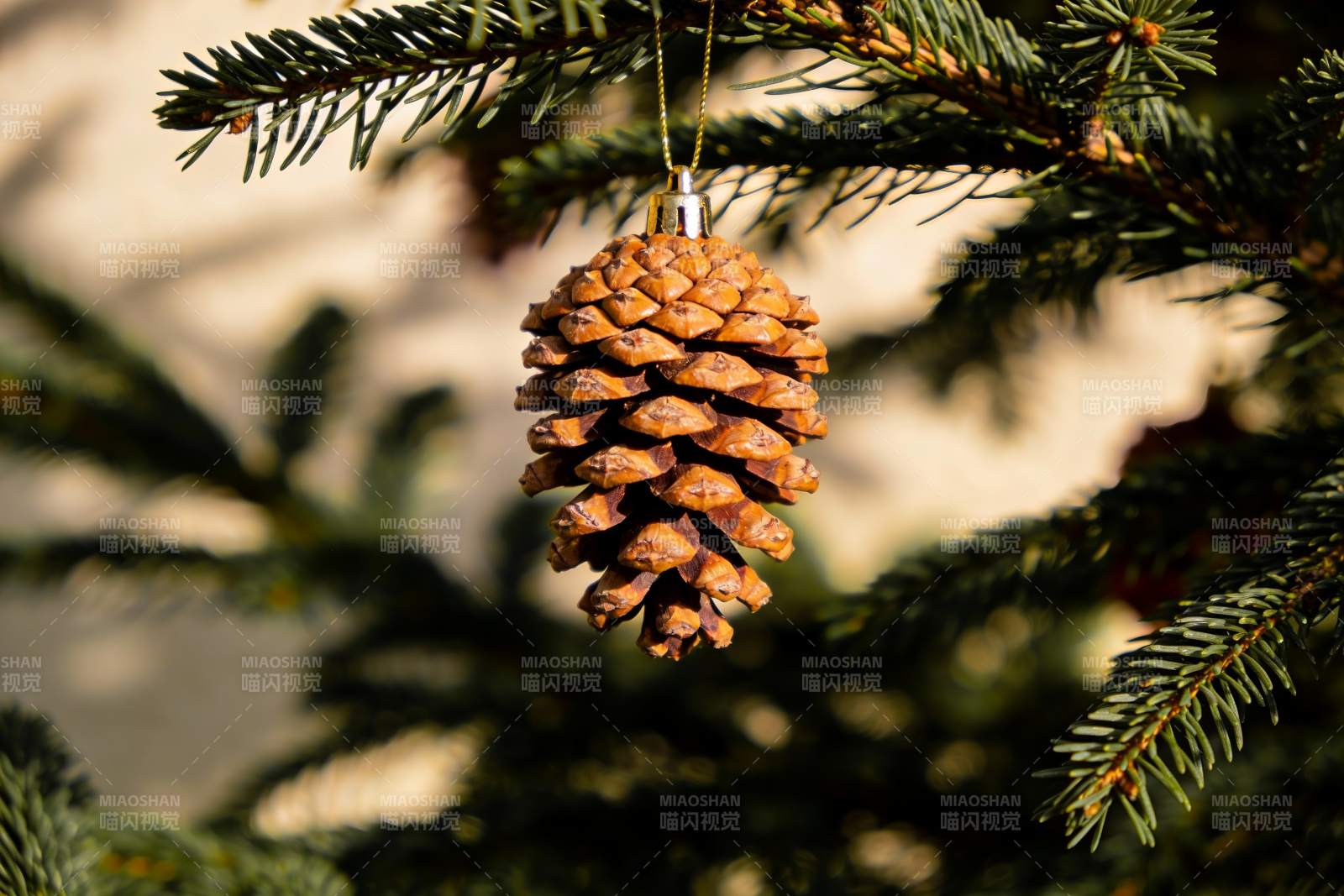 松果挂饰点缀圣诞树枝图片