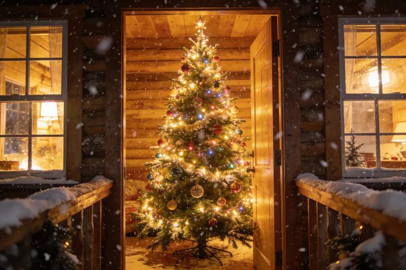 雪夜木屋圣诞树图片