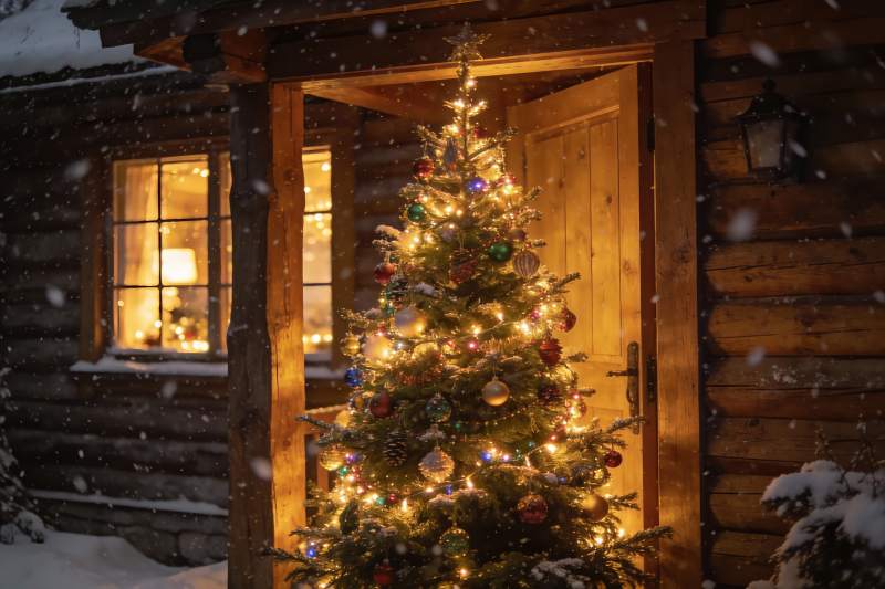 雪夜木屋前的圣诞树图片