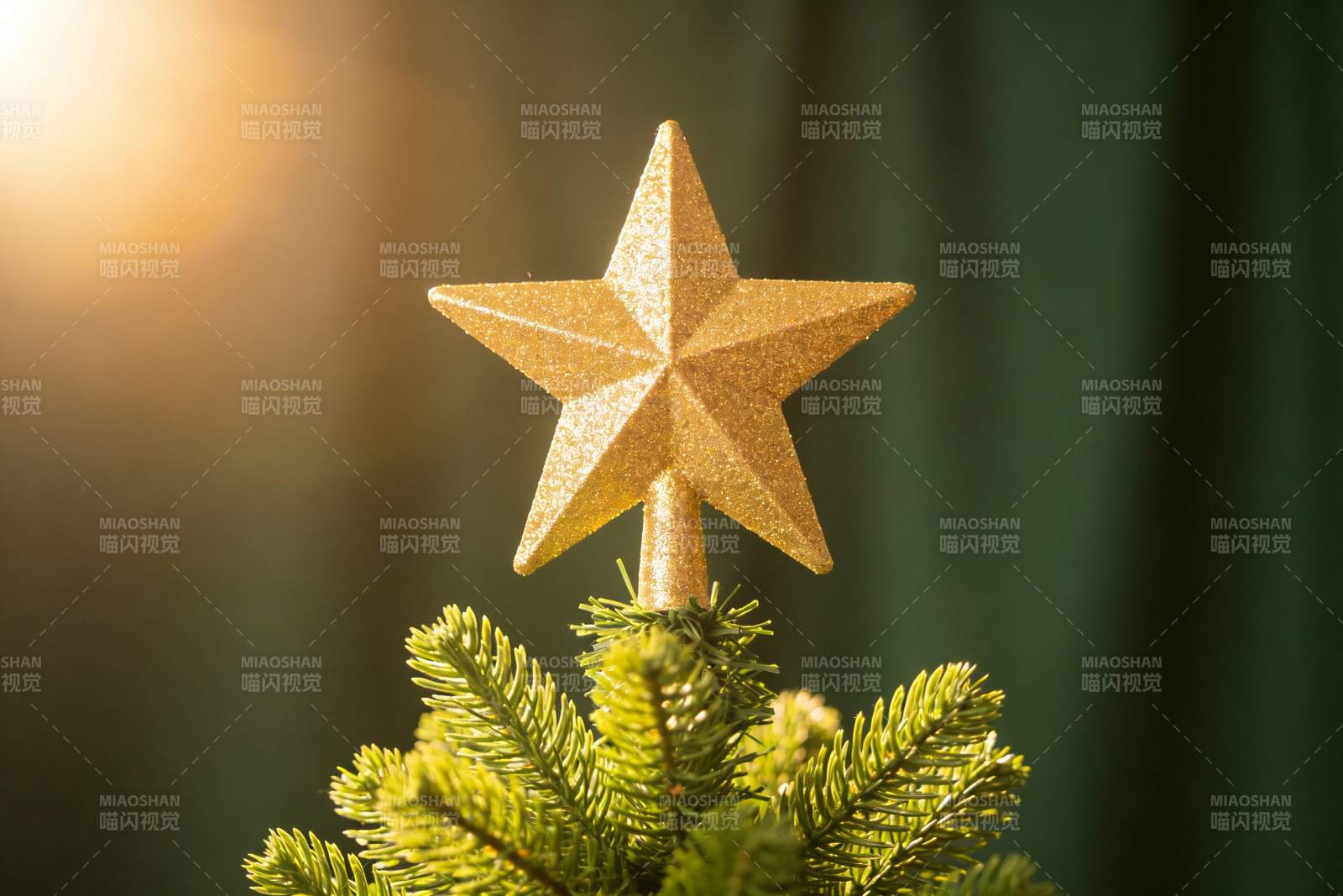 圣诞树顶金色星星特写图片