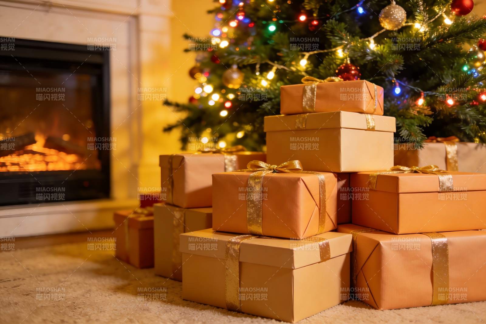 圣诞树下堆满礼物盒温馨场景图片