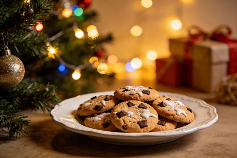 圣诞树旁的巧克力饼干图片