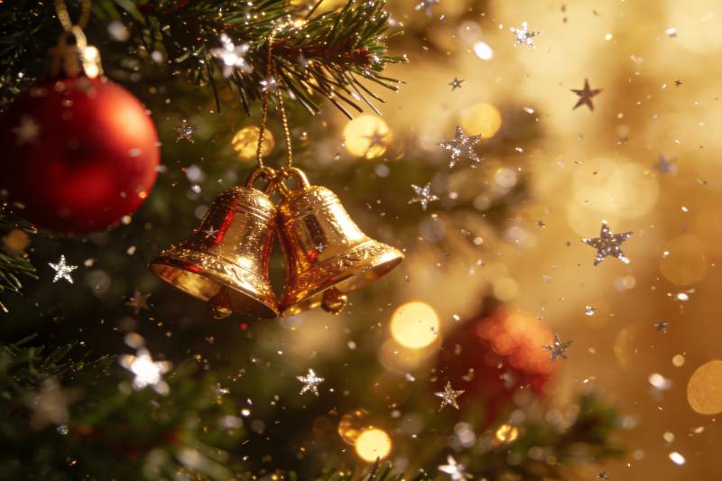 圣诞树上的金色铃铛与红色球装饰图片