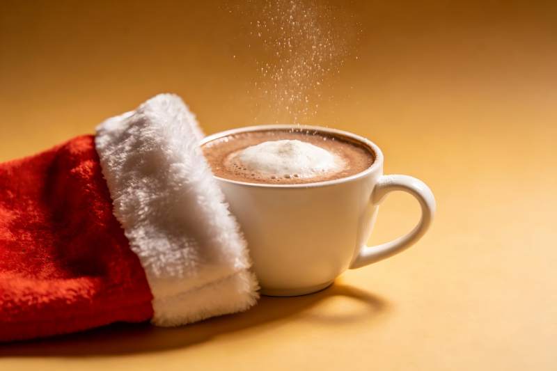 圣诞帽旁热饮撒粉图片