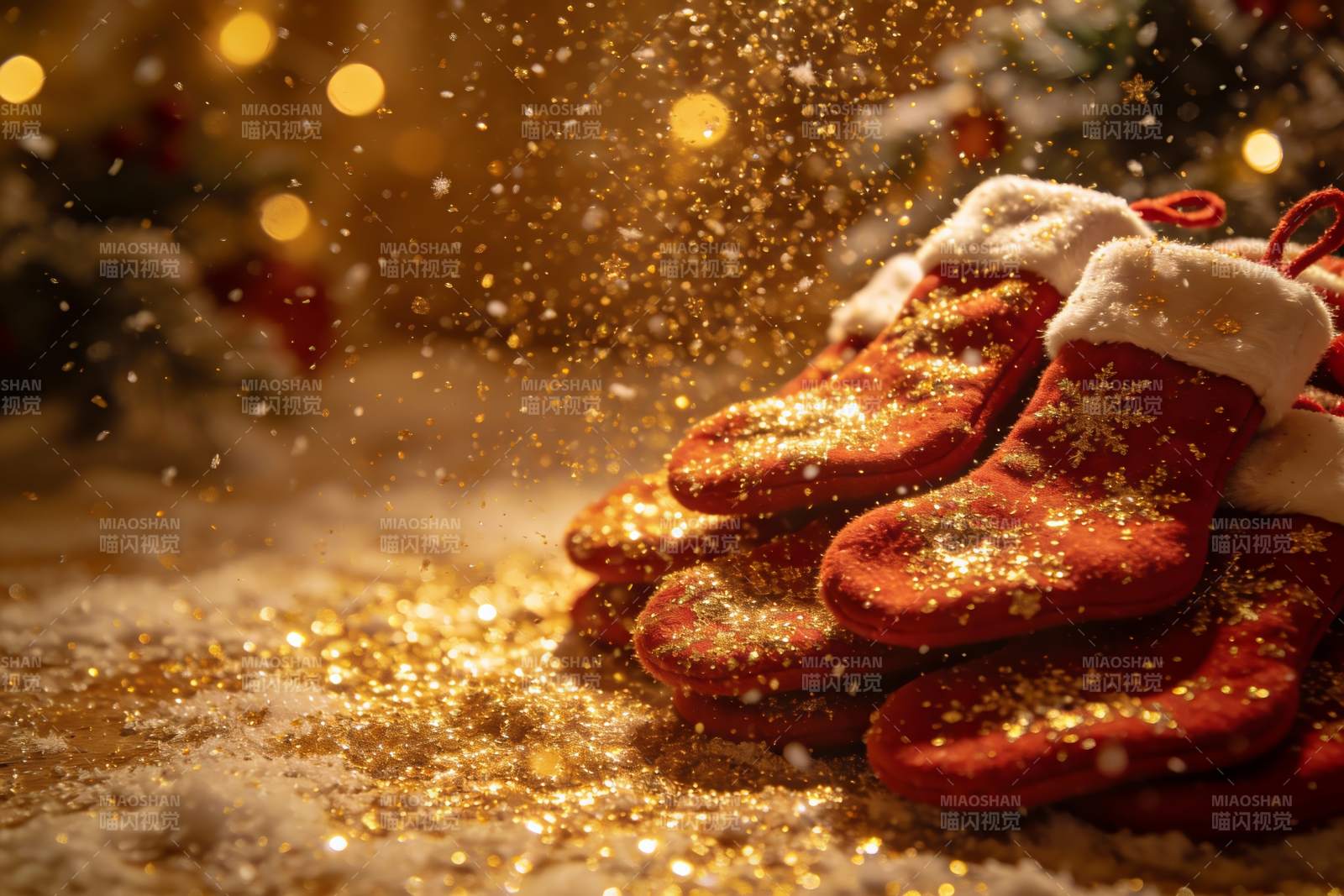 圣诞袜金粉飘落温馨节日场景图片