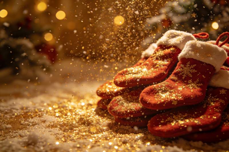 圣诞袜金粉飘落温馨节日场景图片