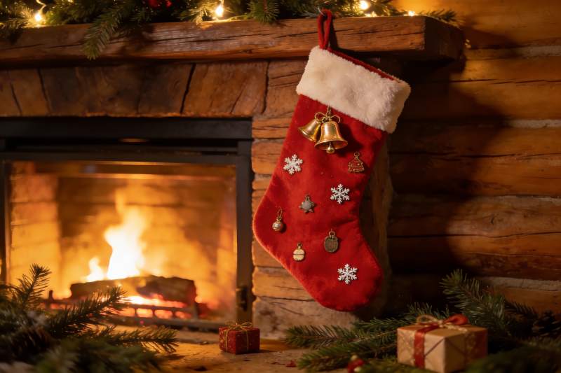 壁炉旁圣诞袜与节日装饰图片