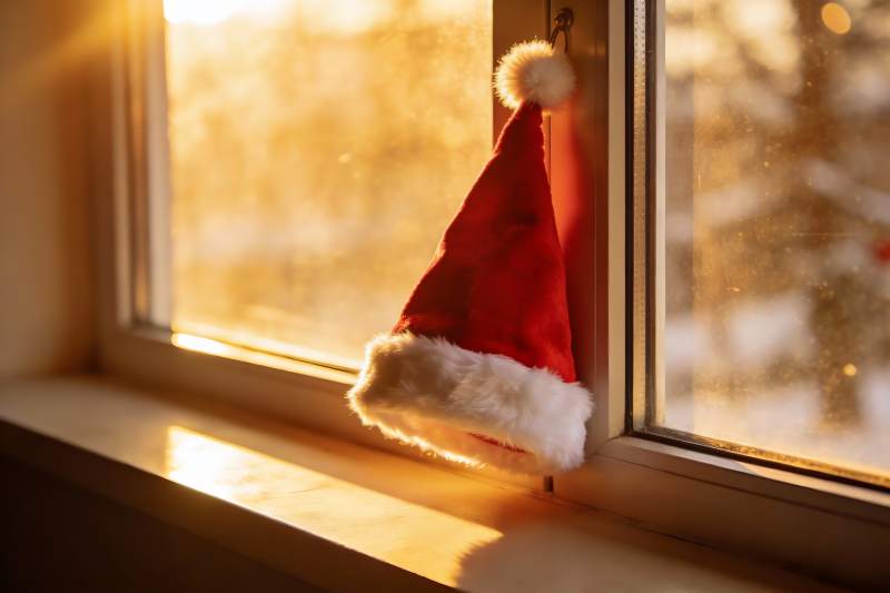 圣诞帽挂窗边冬日暖阳图片