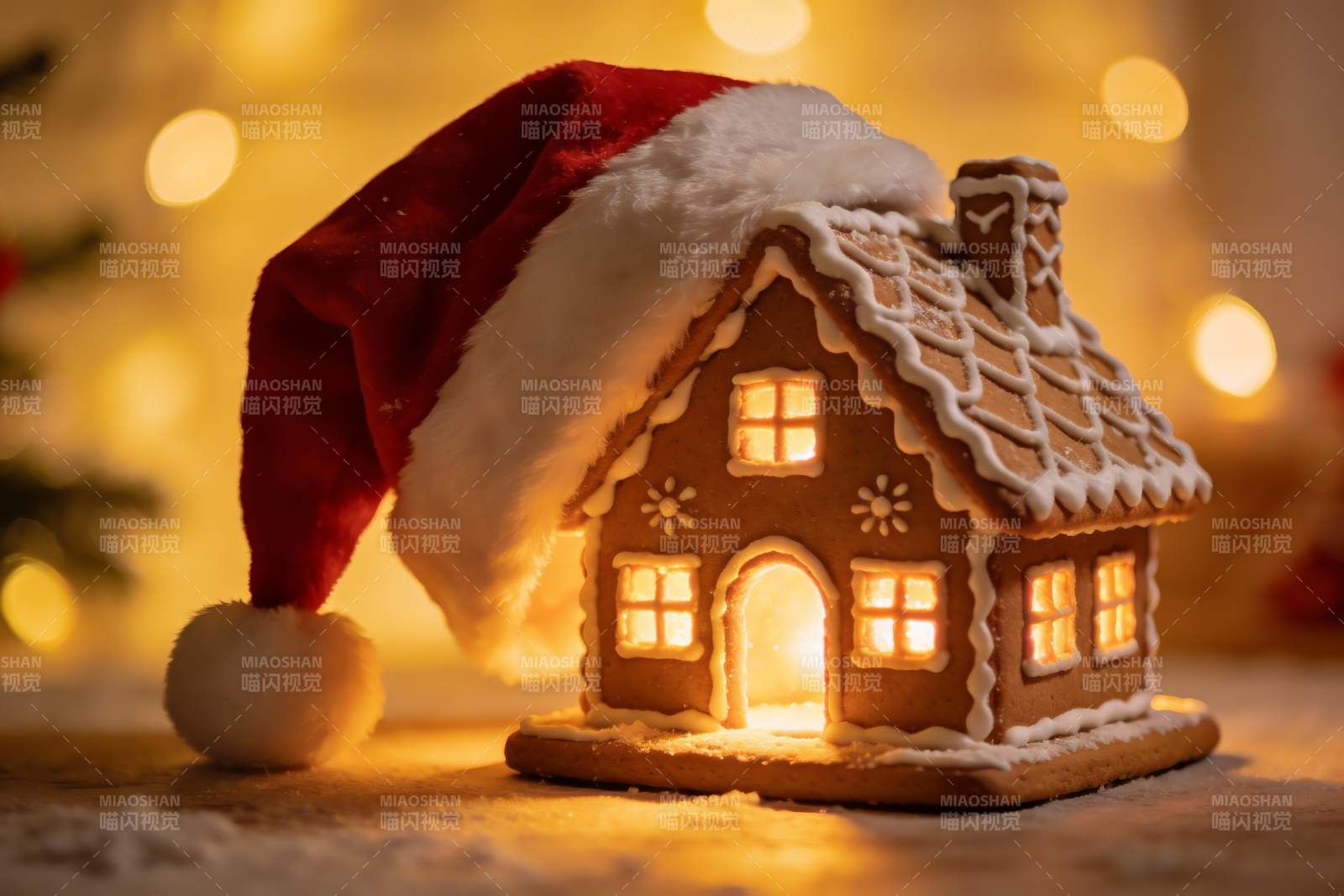 圣诞姜饼屋配红帽温馨场景图片
