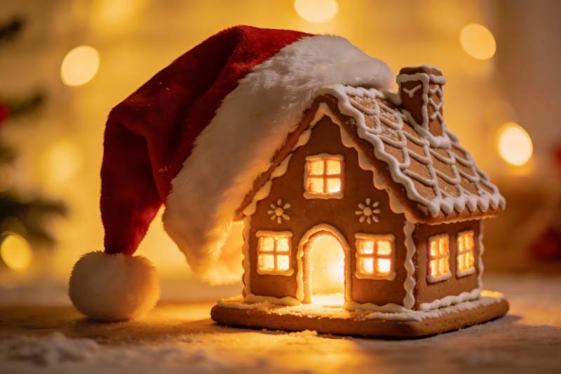 圣诞姜饼屋配红帽温馨场景图片
