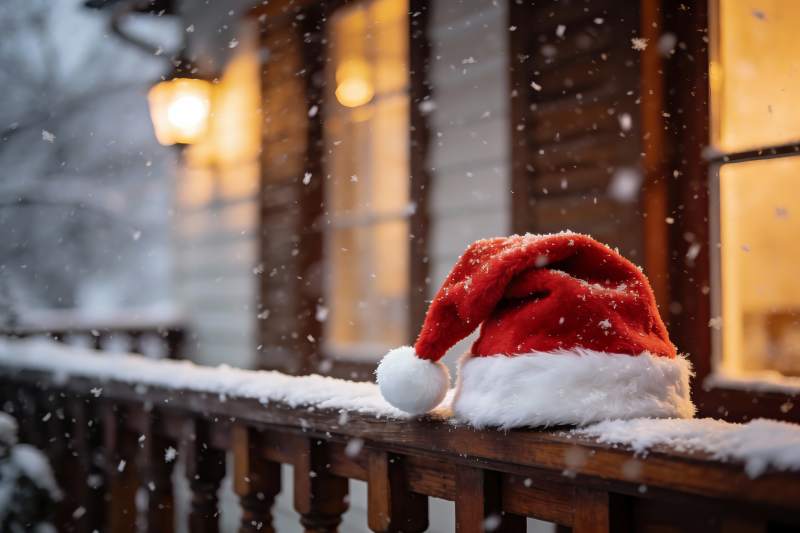 雪中圣诞帽静置于木质栏杆图片