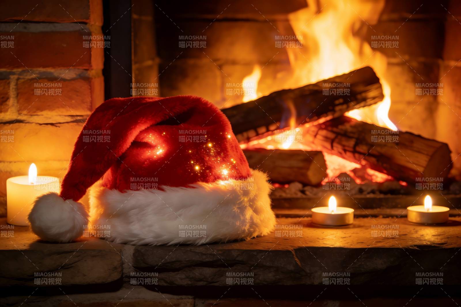 圣诞帽与壁炉烛光温馨场景图片