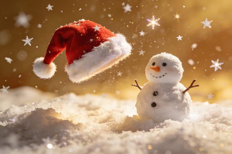 雪人戴着圣诞帽的冬日场景图片