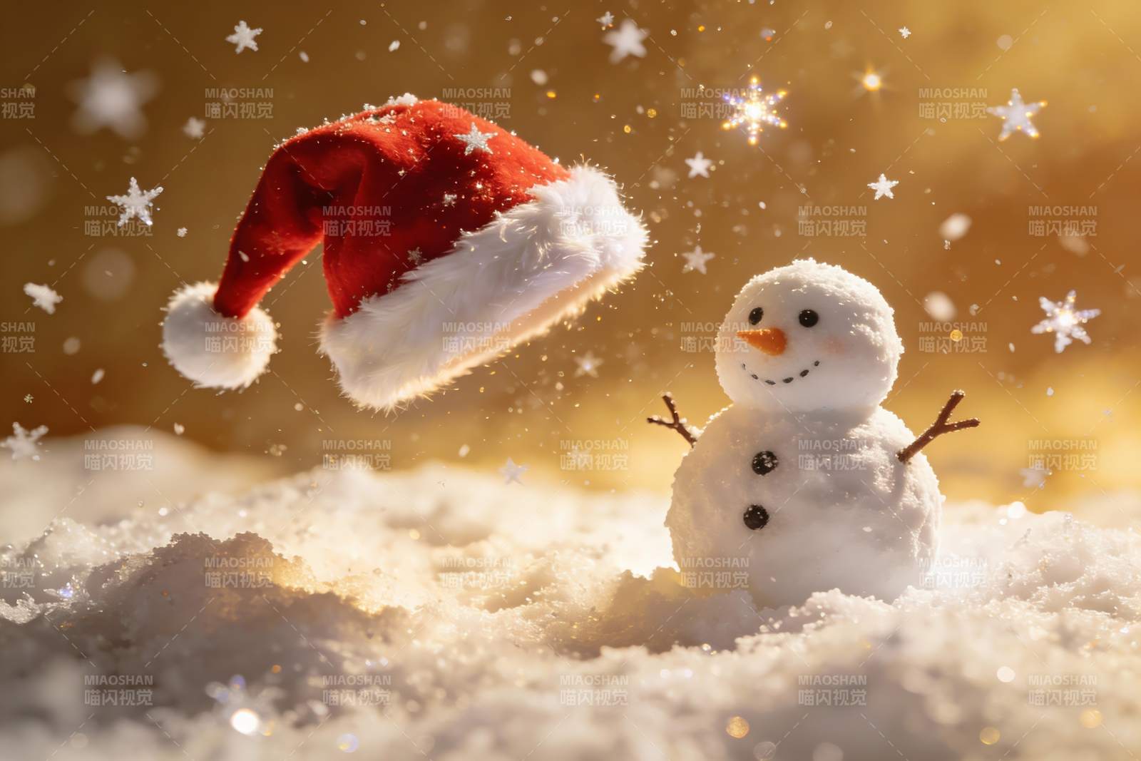 雪人戴着圣诞帽的冬日场景图片