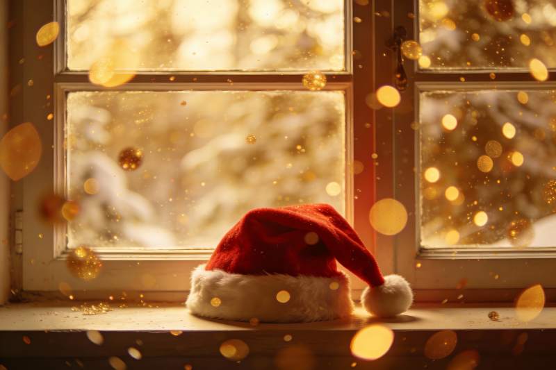圣诞帽窗边静景图片